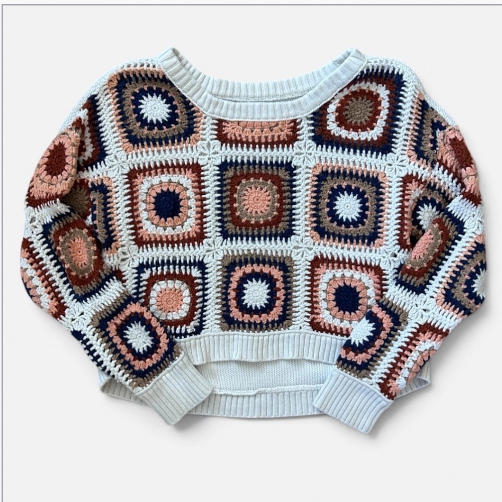 American Eagle Women Crochet Granny Square Patchwork Cotton Sweater White Medium